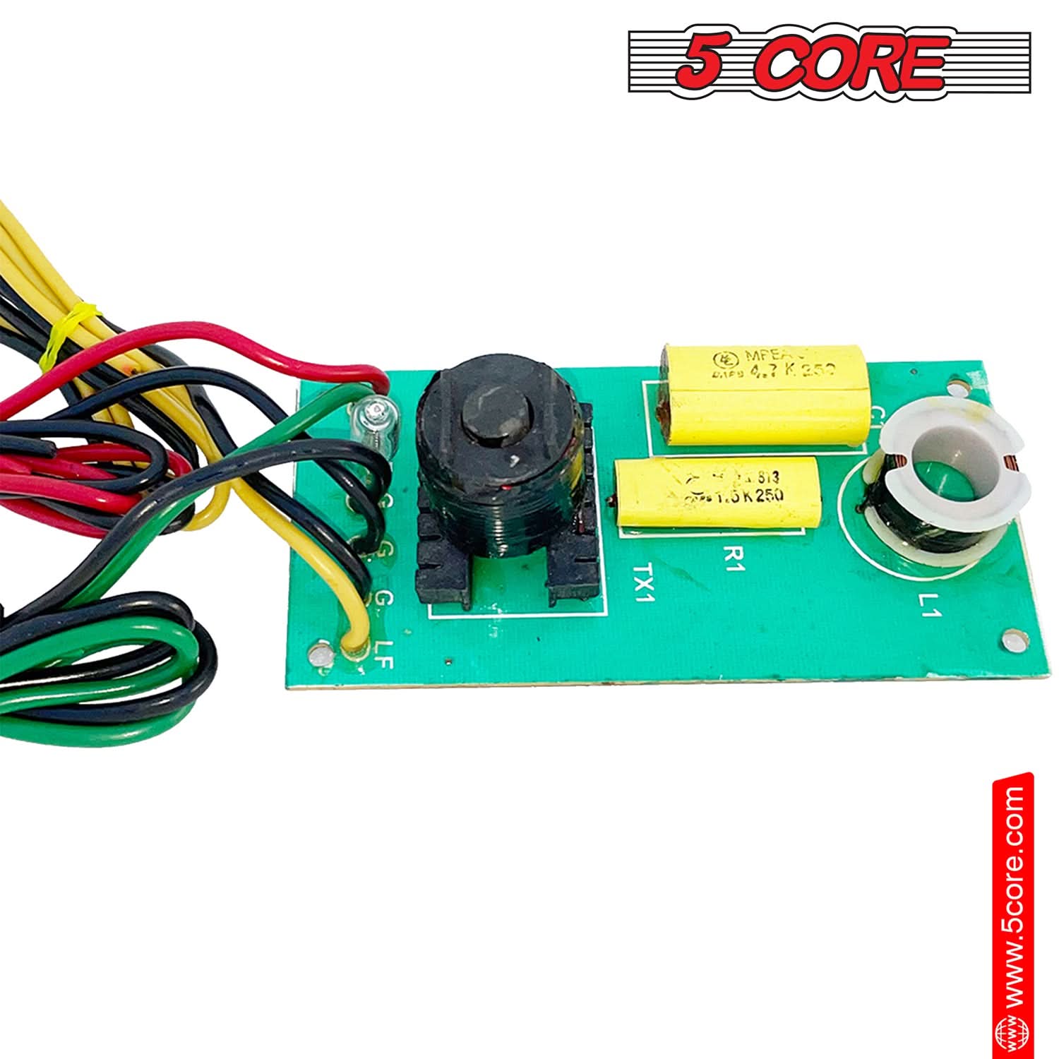 The corrected text from the image is:

"5 CORE
ME EP 0.4 K 350 D 3.3 13K250 1.3K 250 G G LF J TX1 R1 L1
www.5core.com"