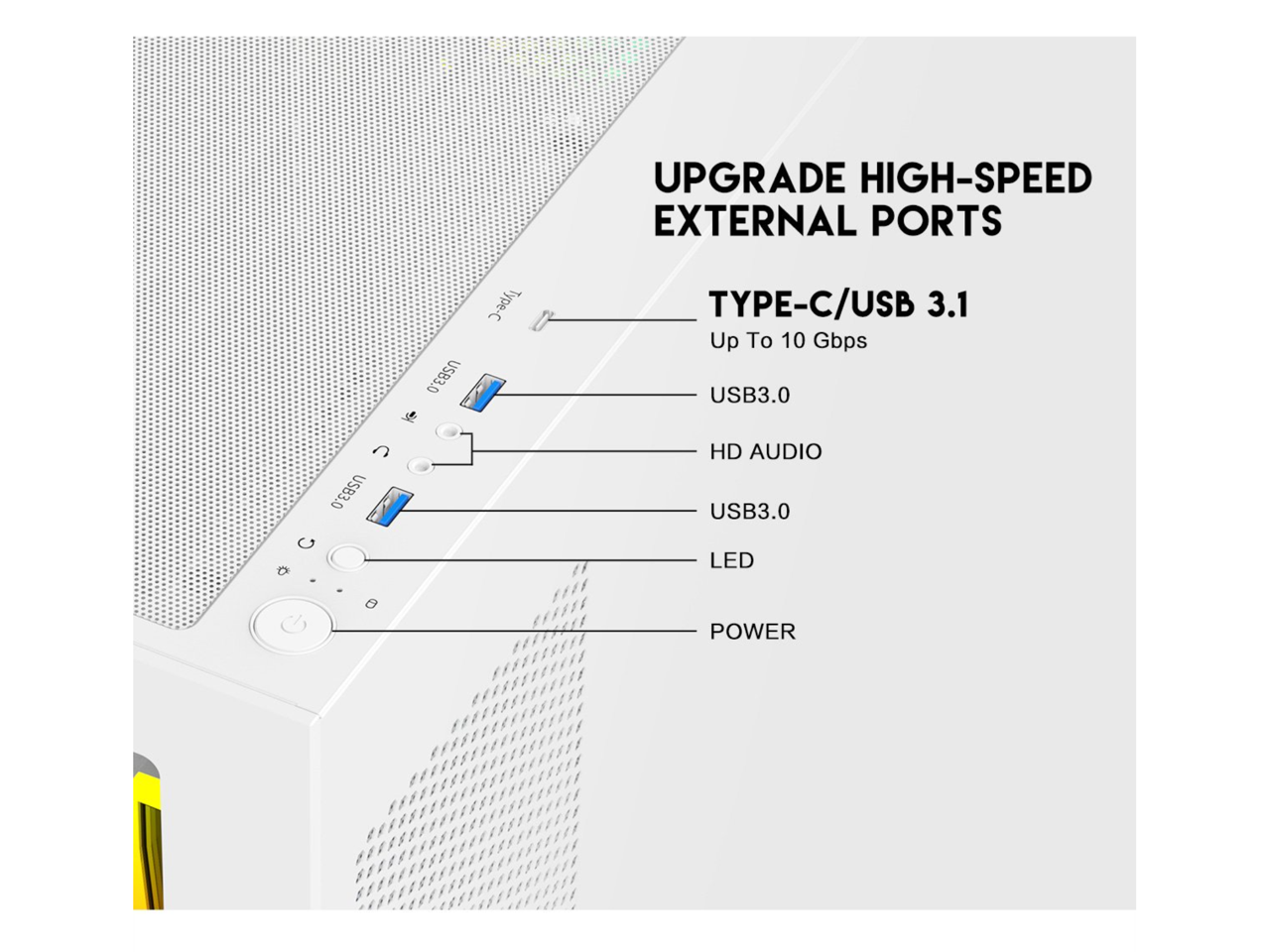 UPGRADE HIGH-SPEED EXTERNAL PORTS

- TYPE-C/USB 3.1
  - Up To 10 Gbps

- USB3.0

- HD AUDIO

- USB3.0

- LED

- POWER