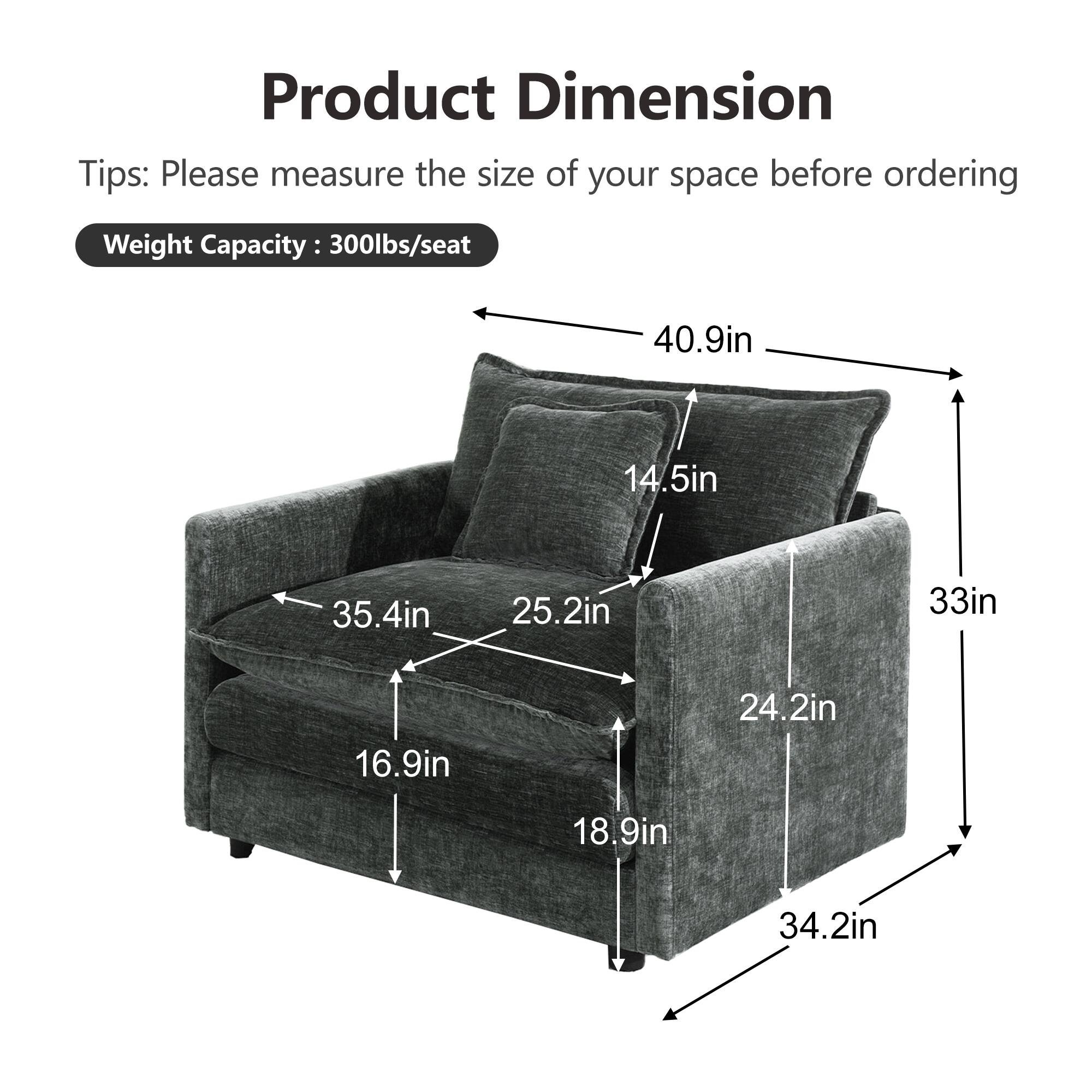 Product Dimension  
Tips: Please measure the size of your space before ordering  
Weight Capacity: 300lbs/seat  

- 40.9in  
- 14.5in  
- 35.4in  
- 25.2in  
- 33in  
- 16.9in  
- 24.2in  
- 18.9in  
- 34.2in