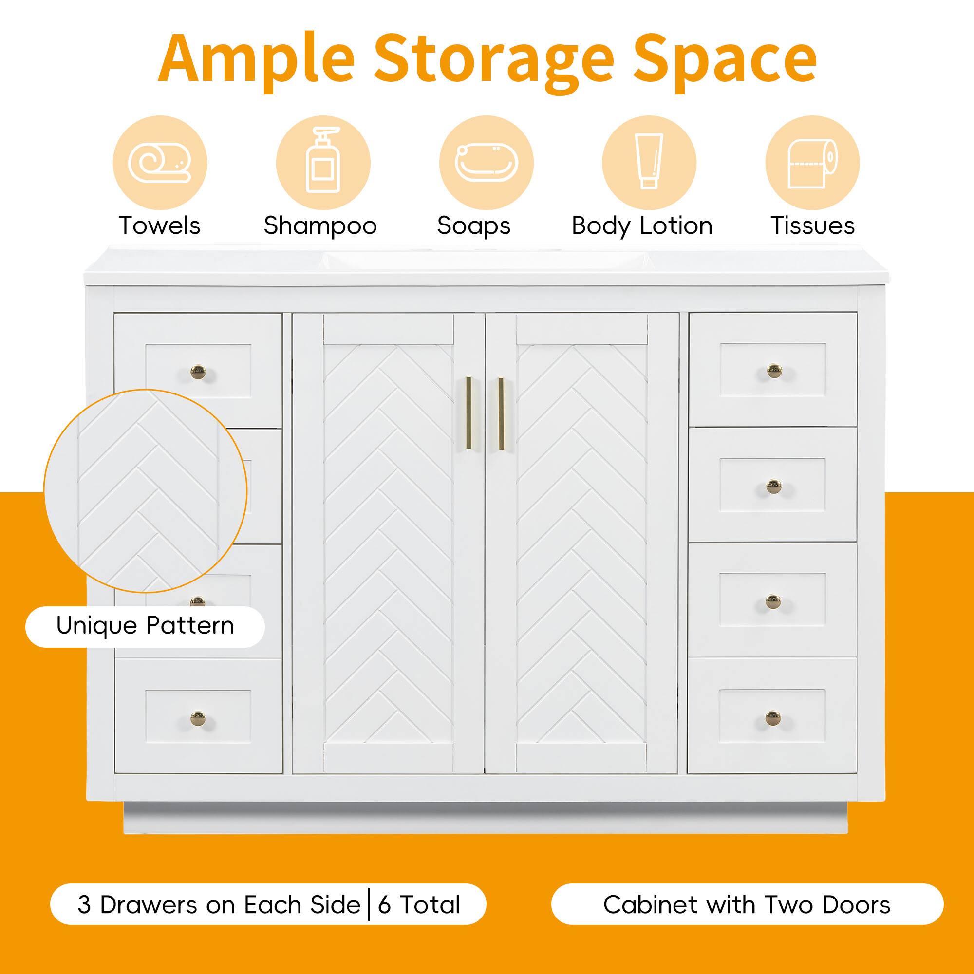 Ample Storage Space

- Towels
- Shampoo
- Soaps
- Body Lotion
- Tissues

Unique Pattern

3 Drawers on Each Side | 6 Total

Cabinet with Two Doors
