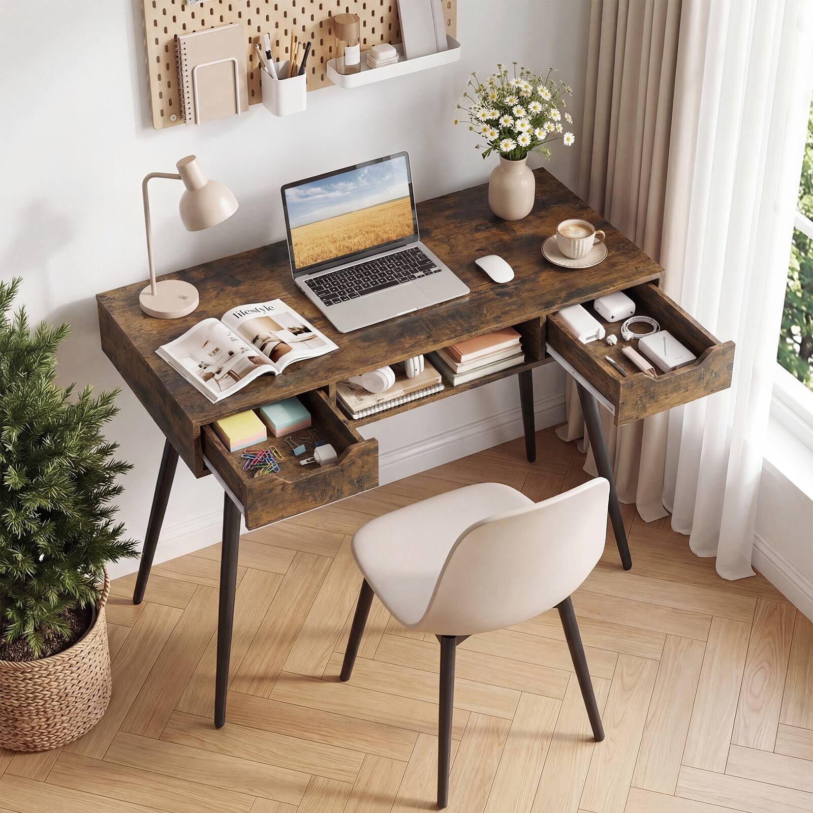 Alt View 3. Costway - Costway Computer Desk with Drawers, Open Storage Compartment for Small Spaces, Office - Rustic Brown.
