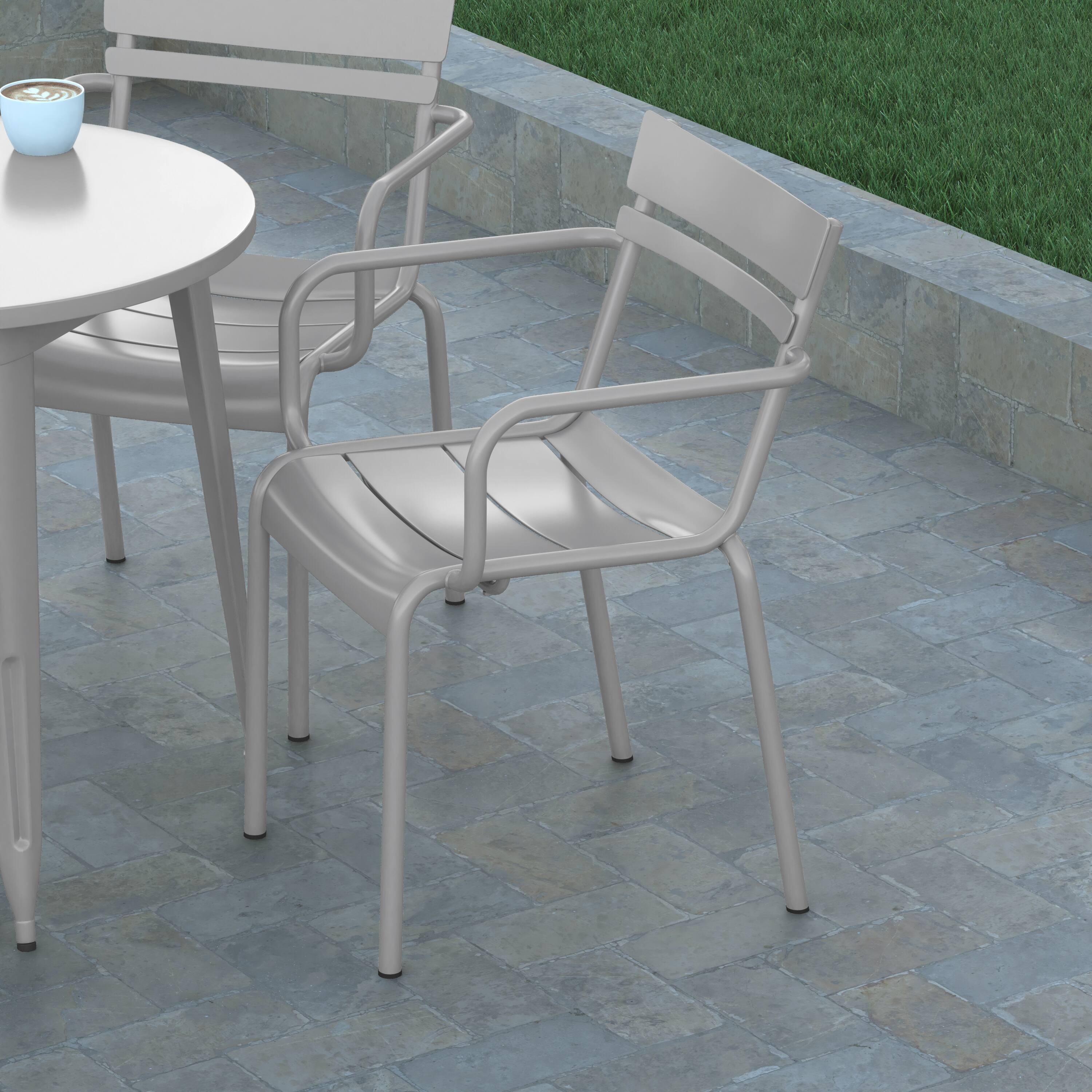 Alt View 4. Emma + Oliver - Rennes Powder Coated Steel Stacking Dining Chair with Arms and 2 Slat Back for Indoor-Outdoor Use - Silver.