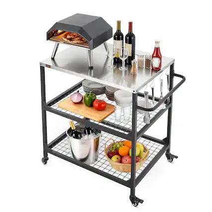 Front. VEVOR - Outdoor Grill Cart, 31.5 x 24.0 inch Stainless Steel Tabletop Size Grilling Table, Outdoor Cooking Table with 4 Wheels - Black.