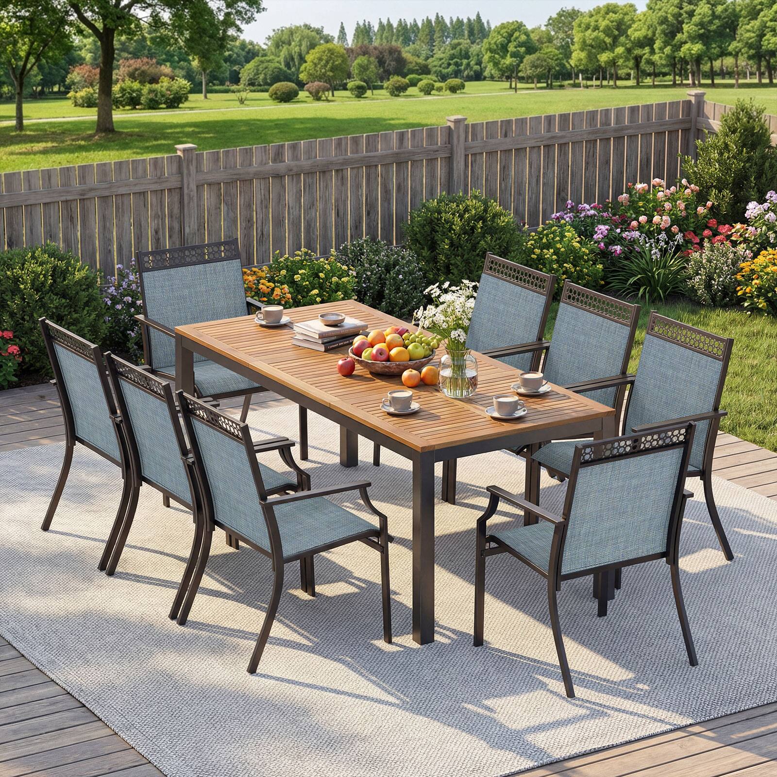 Alt View 3. Gymax - Gymax 9PCS Patio Dining Set for 8 w/Quick-Drying Fabric Sturdy Acacia Wood for Garden - Black.