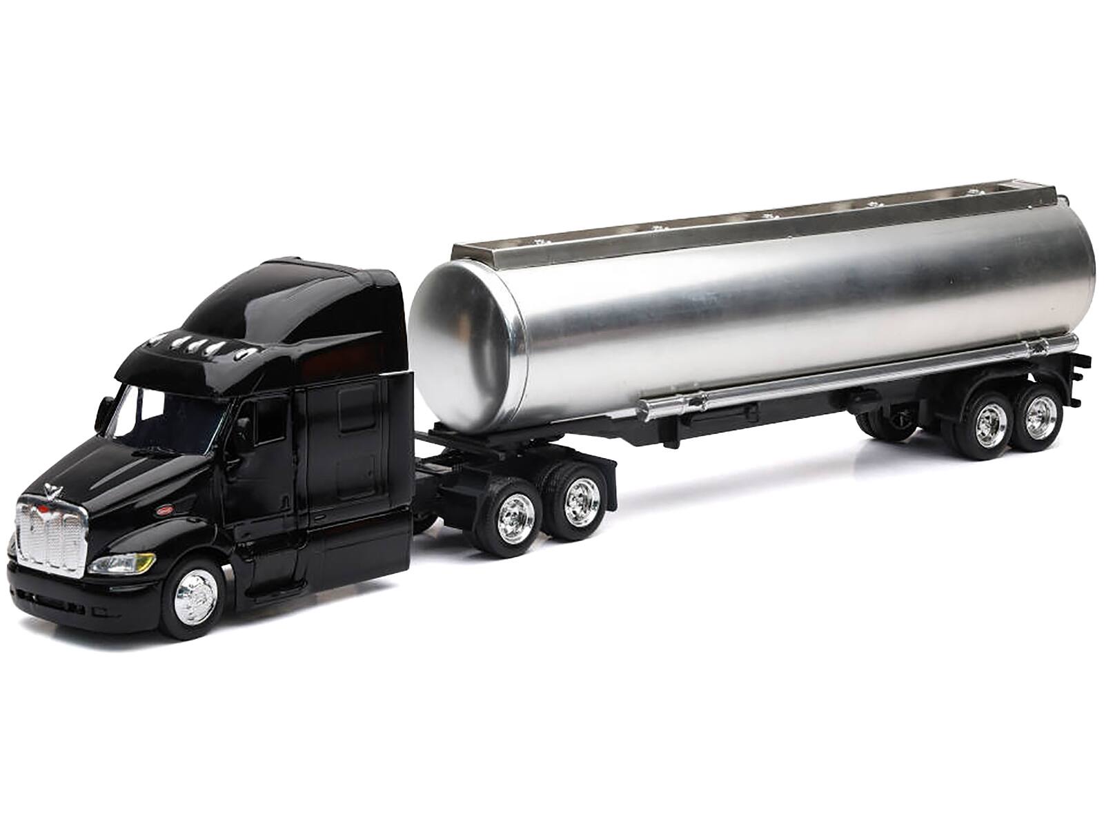Angle. New Ray - Peterbilt 387 Truck Black with Tanker Trailer Silver "Long Haul Truckers" Series 1/43 Diecast Model by New Ray - Black.
