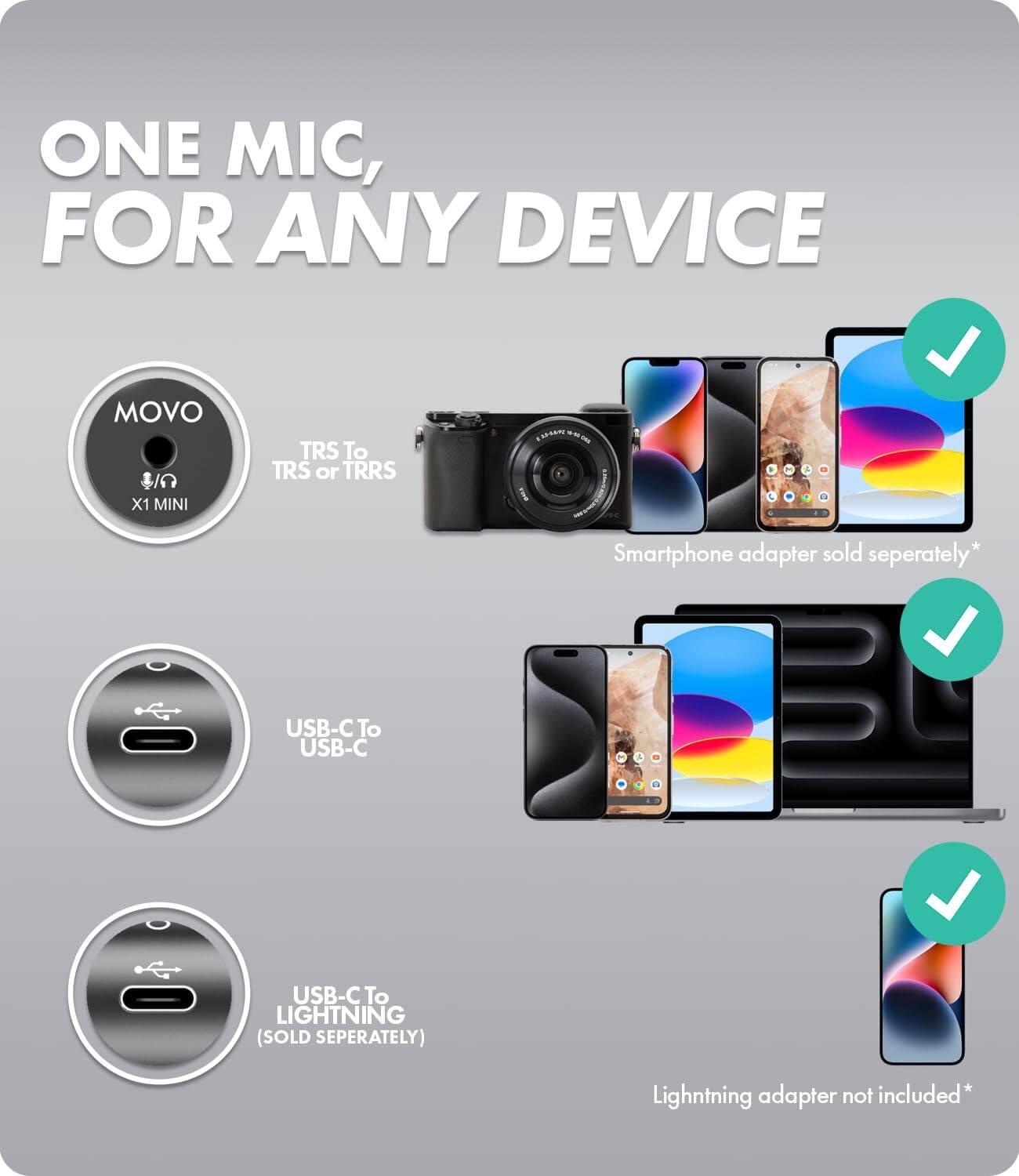ONE MIC, FOR ANY DEVICE

MOVO X1 MINI

TRS To TRS or TRRS

USB-C To USB-C

USB-C To LIGHTNING (SOLD SEPERATELY)

Smartphone adapter sold separately*

Lightning adapter not included*