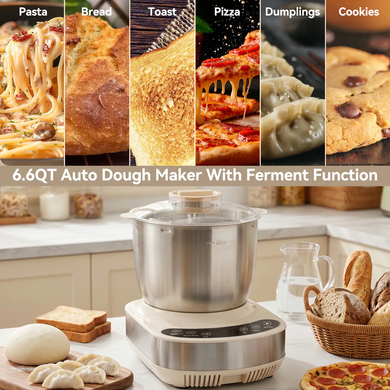 Pasta Bread Toast Pizza Dumplings Cookies 6.6QT Auto Dough Maker With Ferment Function