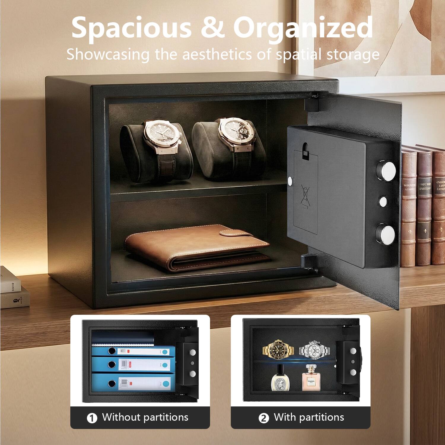 Spacious & Organized  
Showcasing the aesthetics of spatial storage  

1. Without partitions  
2. With partitions