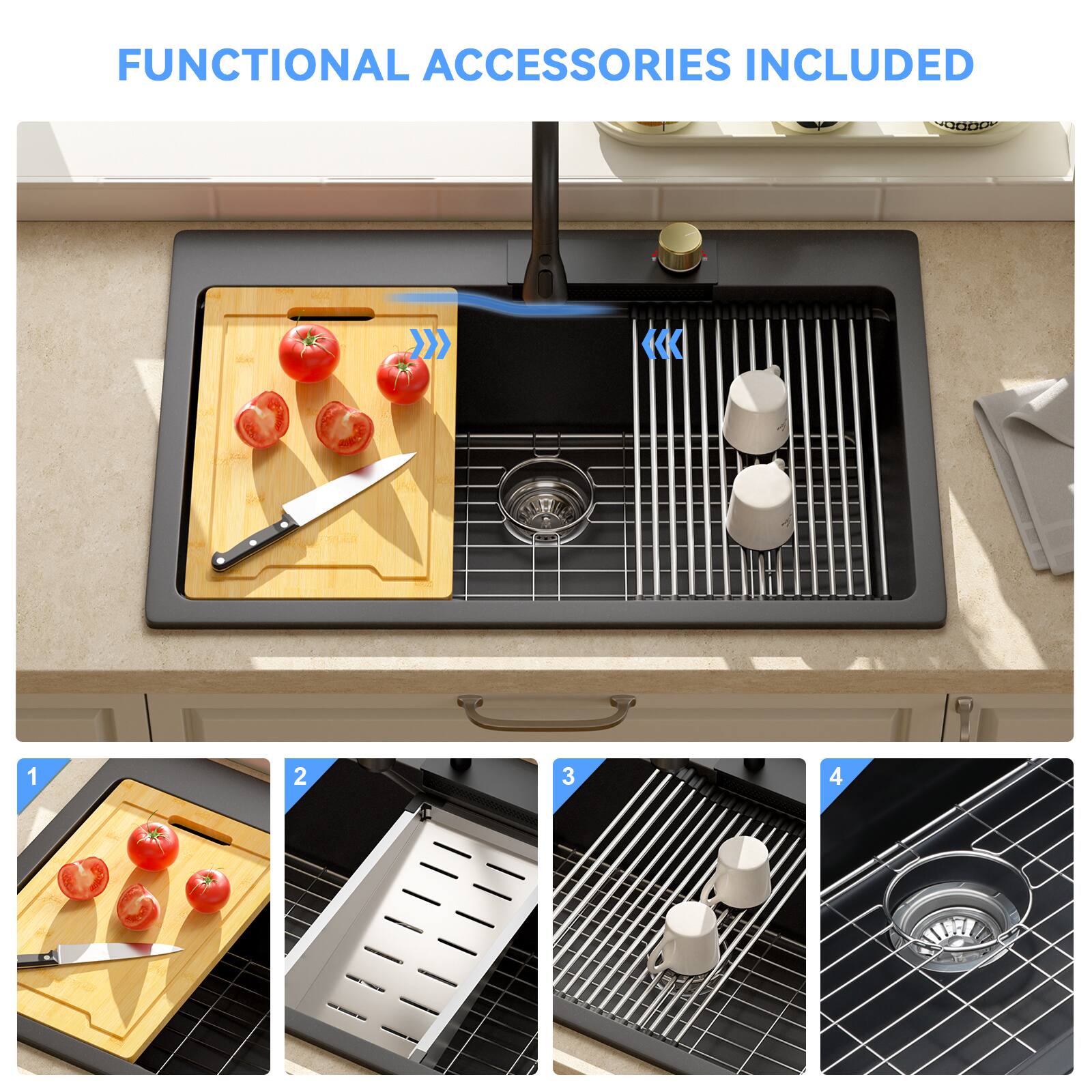 FUNCTIONAL ACCESSORIES INCLUDED

1. Cutting board with tomatoes and knife
2. Griddle
3. Rack with cups
4. Pan