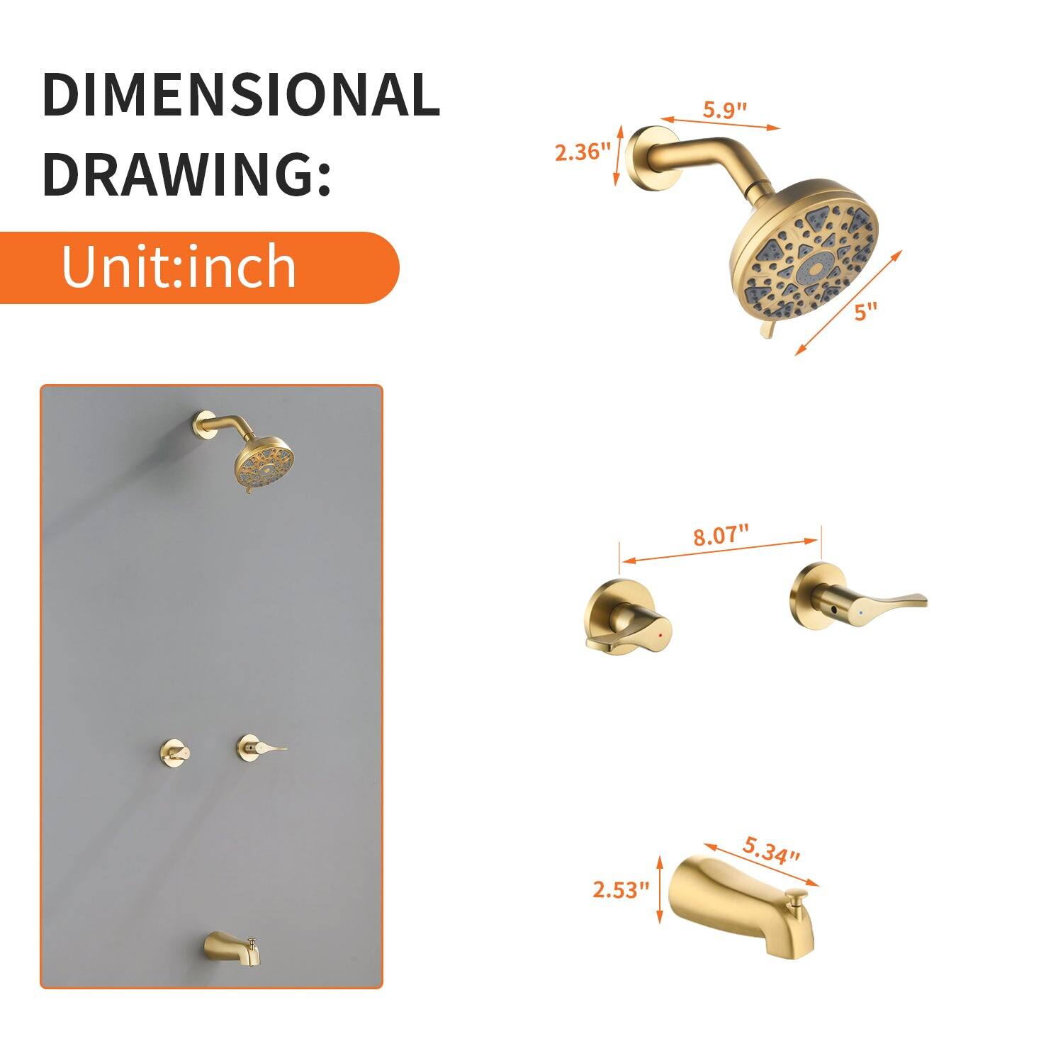DIMENSIONAL DRAWING:  
Unit: inch  

- 2.36"  
- 5.9"  
- 5"  
- 8.07"  
- 2.53"  
- 5.34"