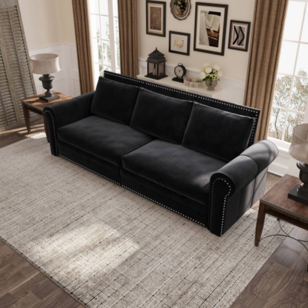 Angle. LUCKY ONE - 93.7" Pull-Out Velvet Chesterfield Sofa Bed King Sleeper 3-in-1 w/ Nailhead Trim - Black.