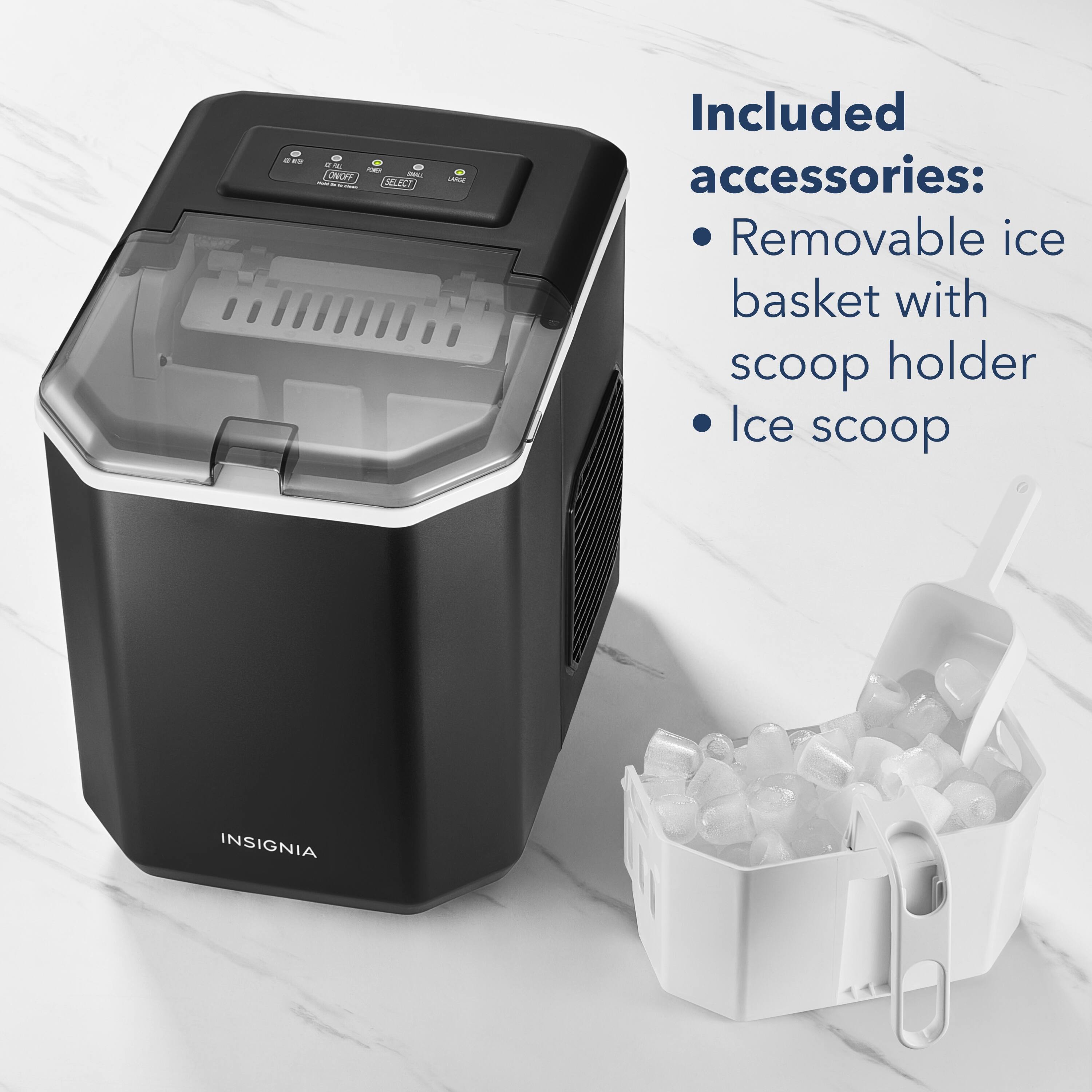 Included accessories: Removable ice basket with scoop holder, Ice scoop.