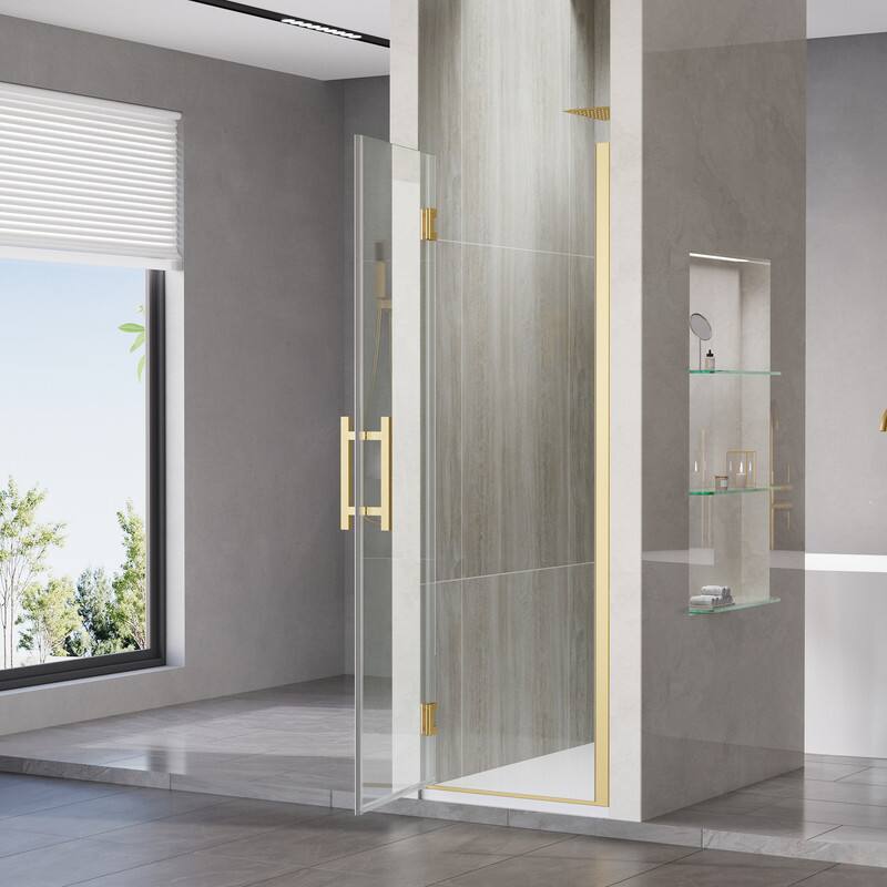 Angle. WELLFOR - 23–24 in. W x 72 in. H Frameless Hinged Shower Door with 3/8" Clear Tempered Glass, Reversible Opening - Brushed Gold.