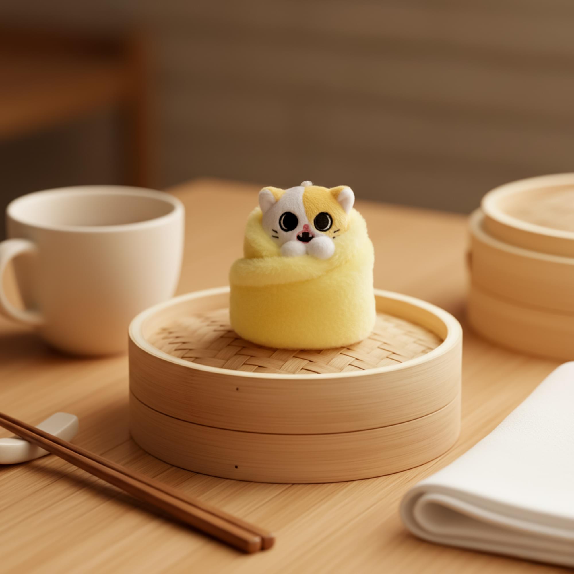 Alt View 3. Uncute - Purritos 3 Inch Cat In Blanket Plush Key Ring - Pork Bun - Beige.