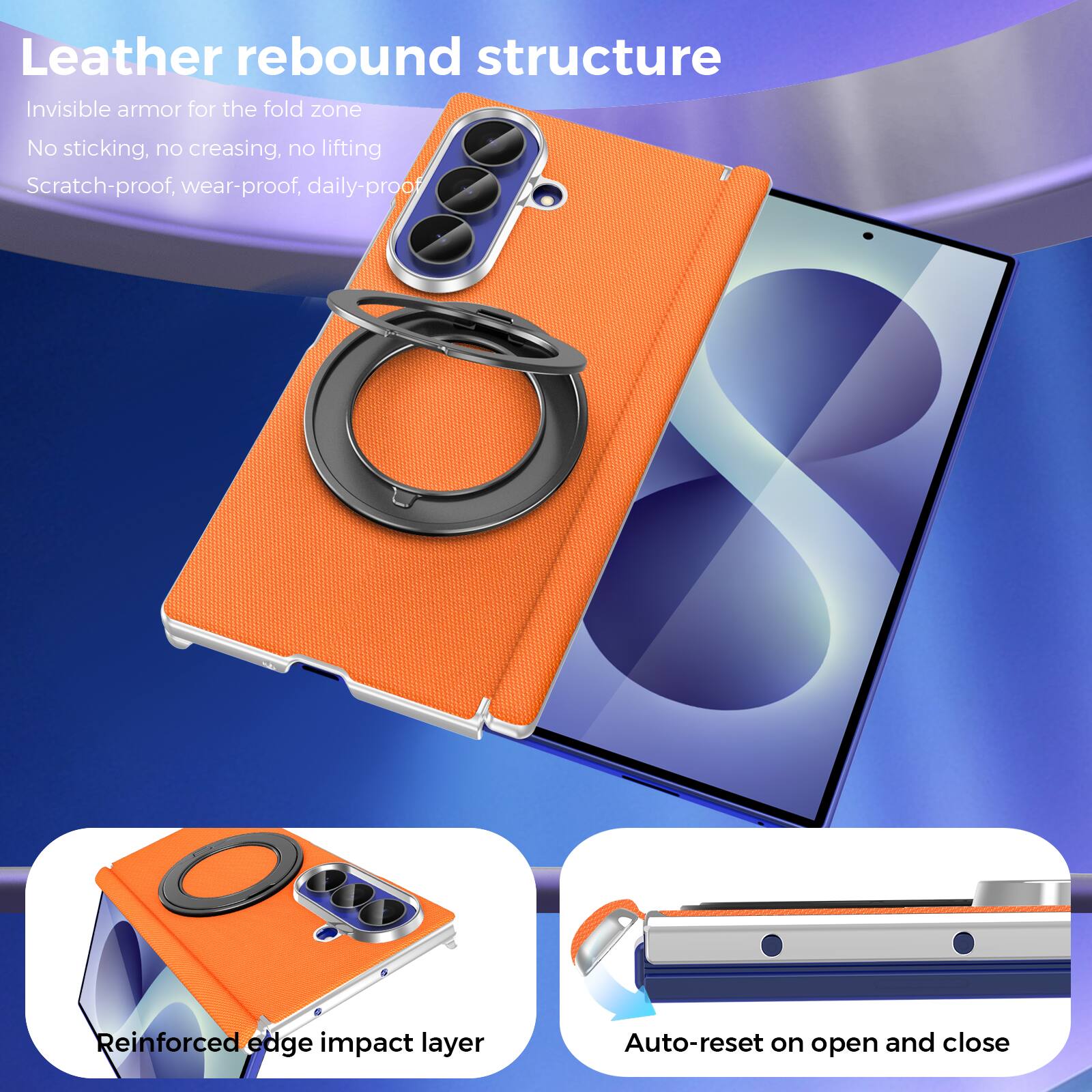 Leather rebound structure  
Invisible armor for the fold zone  
No sticking, no creasing, no lifting  
Scratch-proof, wear-proof, daily-proof  

Reinforced edge impact layer  
Auto-reset on open and close