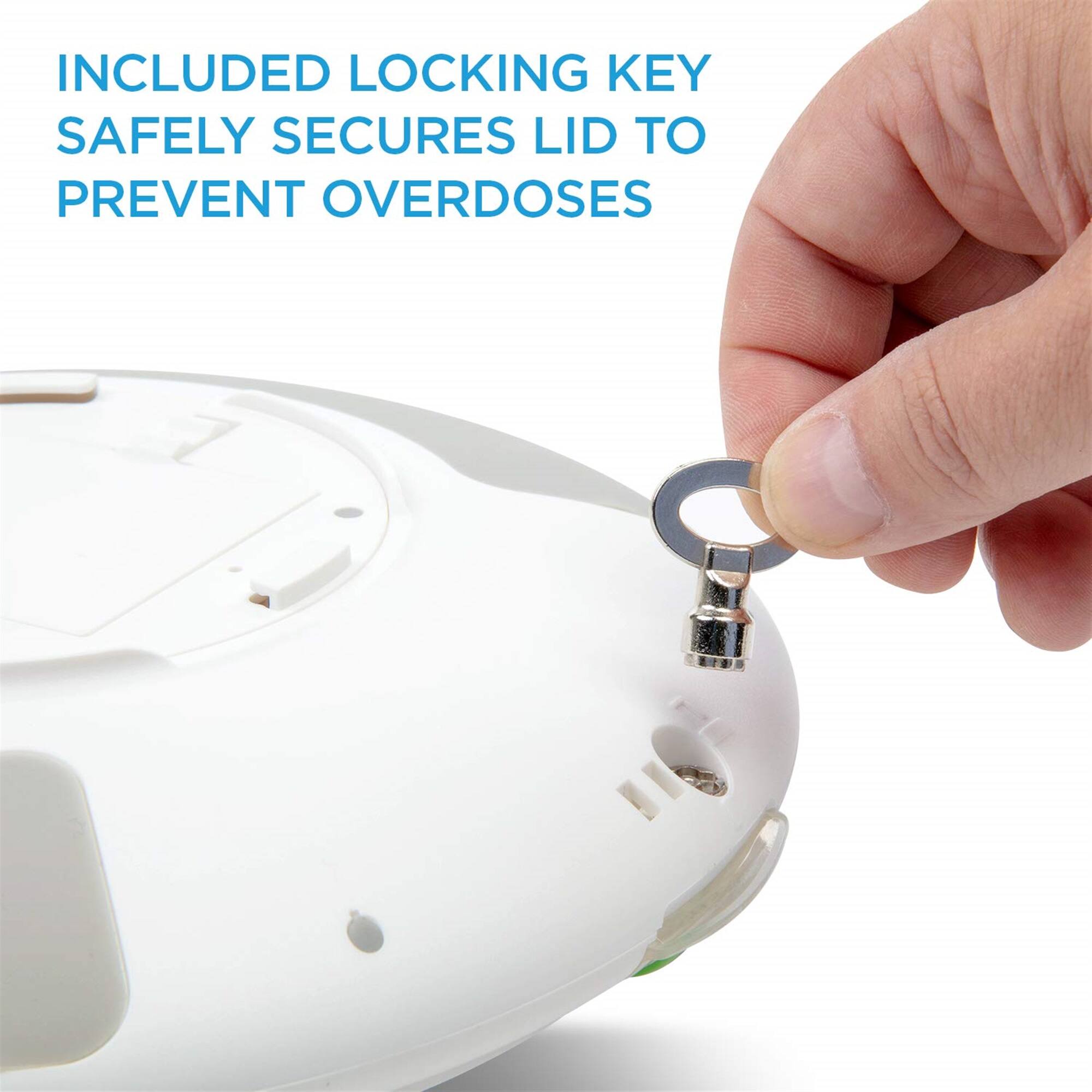 INCLUDED LOCKING KEY SAFELY SECURES LID TO PREVENT OVERDOSES