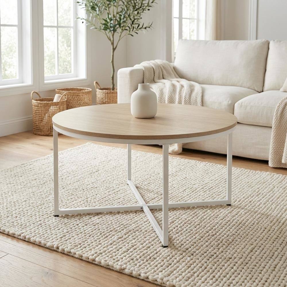 Left. FurniFact - White Round Coffee Table Solid Wood Construction with Powder Coating - White.