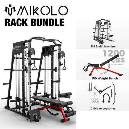 MIKOLLO RACK BUNDLE
M4 Smith Machine
1200 LBS WEIGHT CAPACITY
FID Weight Bench
Cable Accessories