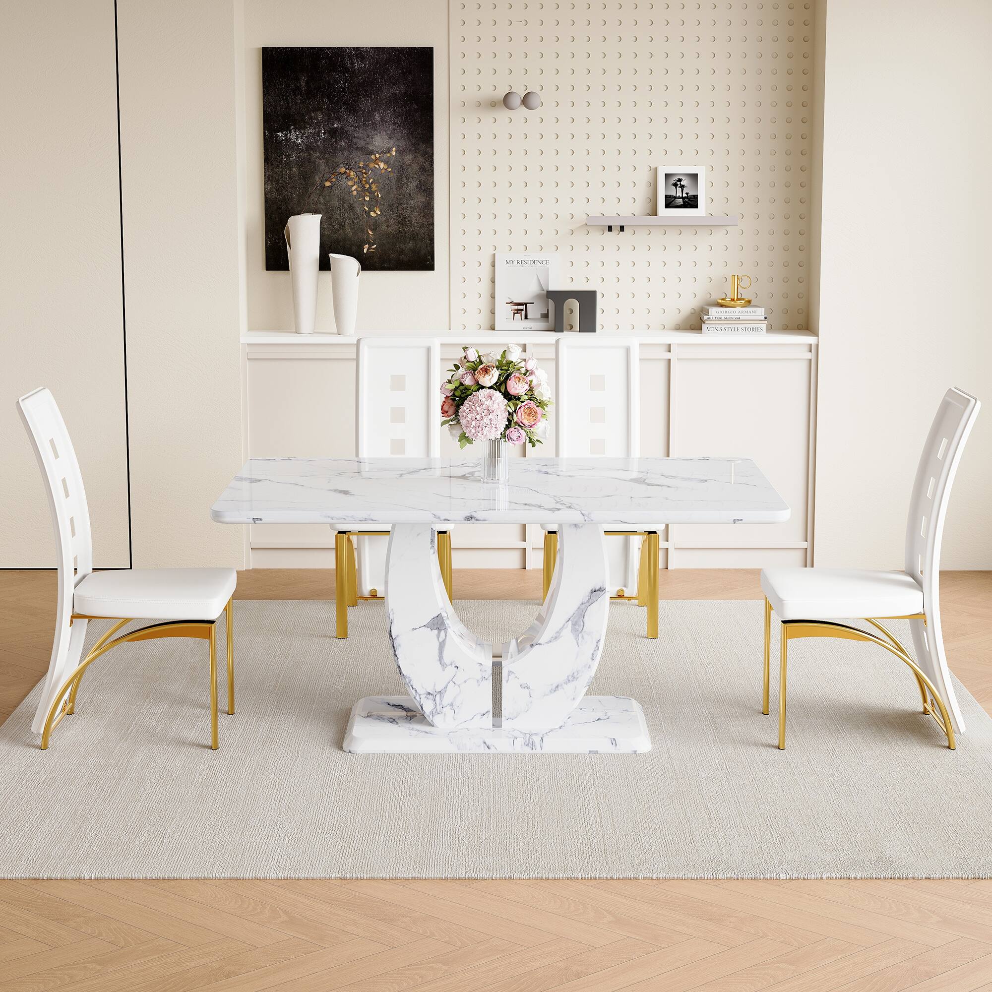 Angle. TinyHomie - Modern Luxury Grayish White Marble Patterned Dining Table Set - 63in x 37in with 4 PU Chair With White Saddleback - Off White and Gray and White and Gold.