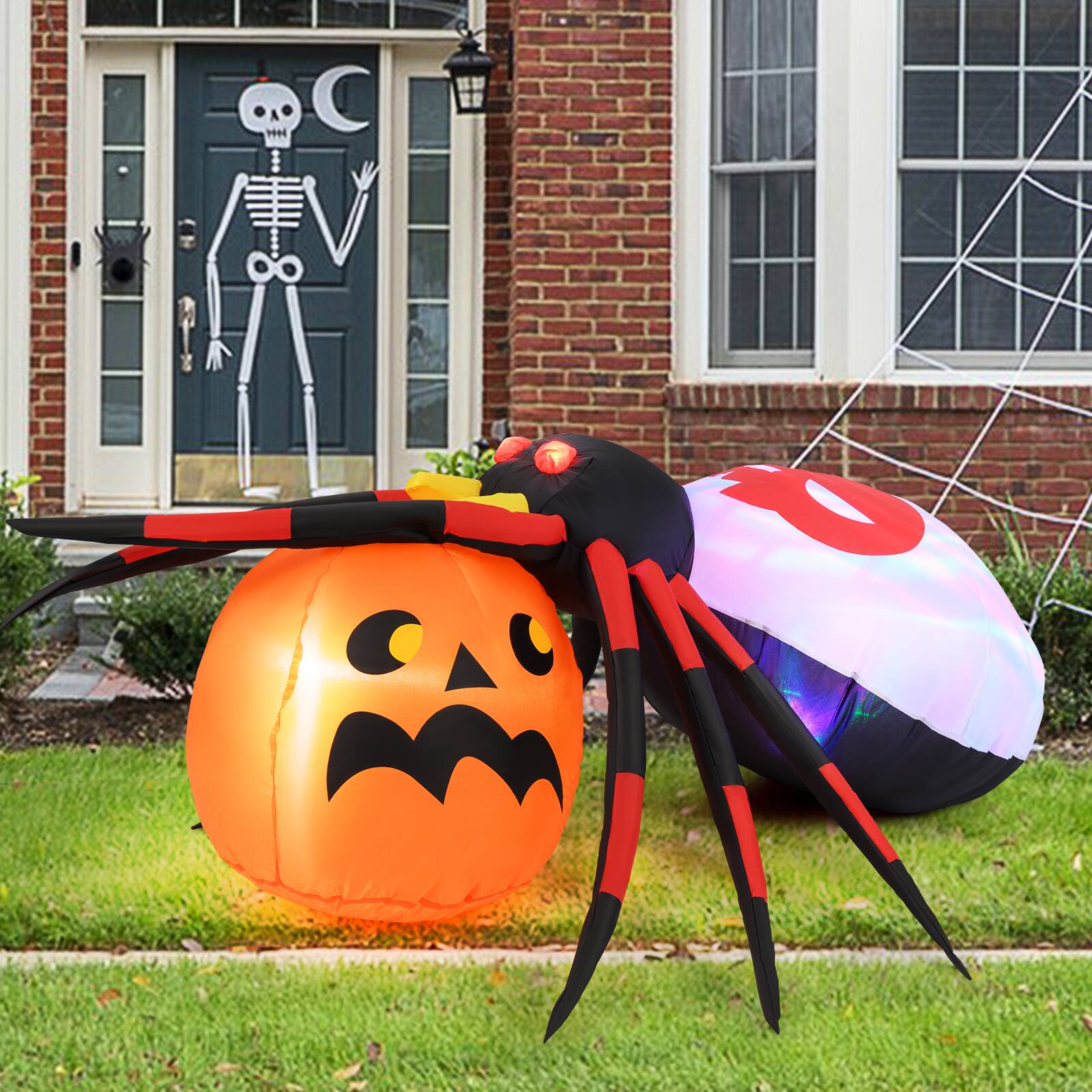 Angle. Costway - 5 x 4.6 ft Inflatable Spider with Pumpkin LED Lighted Halloween Decoration with Rotating Light - Colorful.