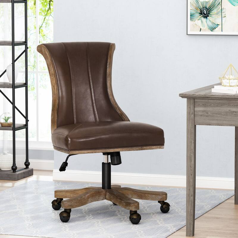 Alt View 2. HTUTWOO - Farmhouse Rubber Wood Swivel Office Chair, Adjustable,Faux Leather Armless Desk Chair, for Home Office ,Study ,Bedroom - Brown.