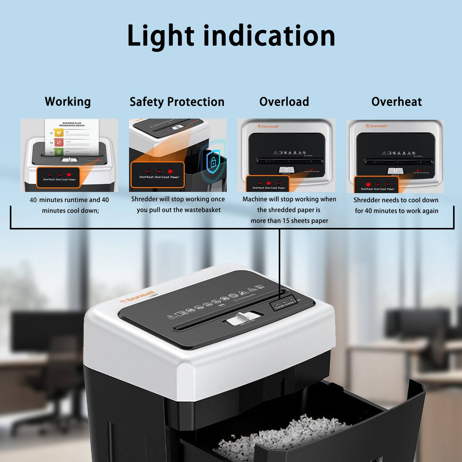 Light indication

Working
- 40 minutes runtime and 40 minutes cool down;

Safety Protection
- Shredder will stop working once you pull out the wastebasket

Overload
- Machine will stop working when the shredded paper is more than 15 sheets paper

Overheat
- Shredder needs to cool down for 40 minutes to work again