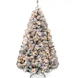 Best Choice Products - 4.5ft Pre-Lit Holiday Christmas Pine Tree w/ Snow Flocked Branches, 200 Warm White Lights - Green