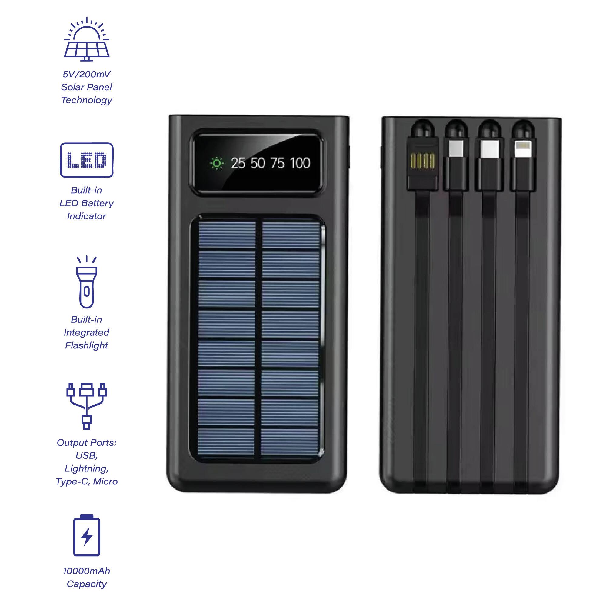 5V/200mV Solar Panel Technology

LED Built-in LED Battery Indicator

Built-in Integrated Flashlight

Output Ports: USB, Lightning, Type-C, Micro

10000mAh Capacity