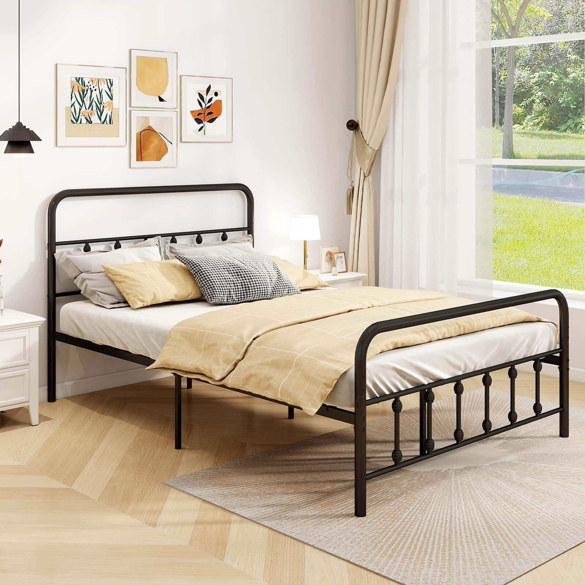 Costway - Full Size Bed Frame with Headboard Under Bed Storage No Box Spring Needed - Black