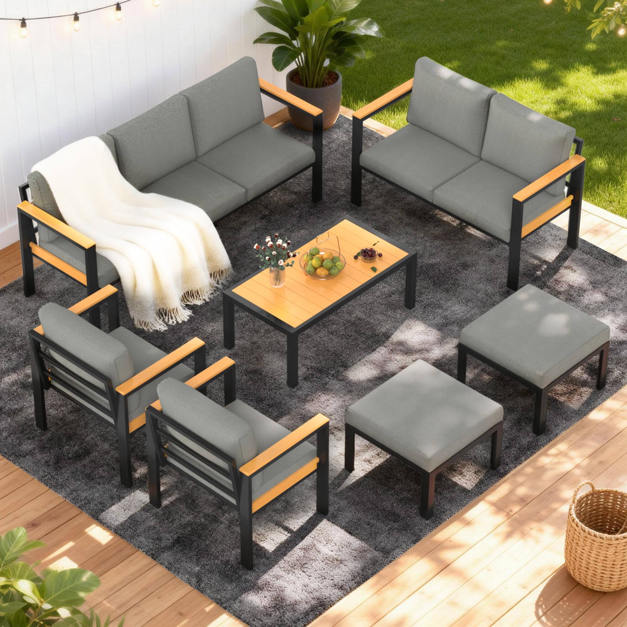Angle. U-HOMY - 7-Piece Patio Conversation Set with Table, All-Weather Aluminum Furniture for Outdoor Living - Grey.