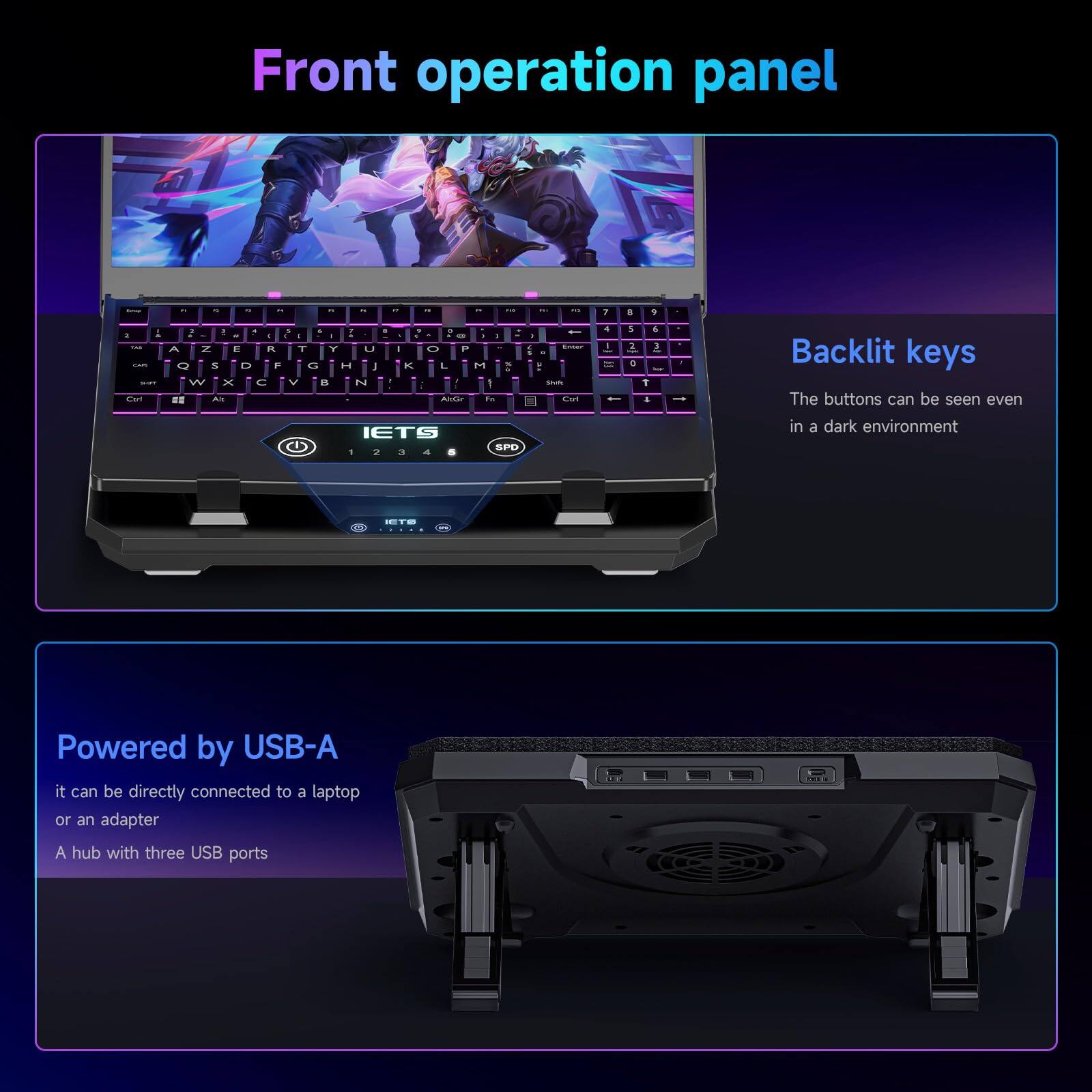 Front operation panel

Backlit keys
The buttons can be seen even in a dark environment

Powered by USB-A
it can be directly connected to a laptop or an adapter
A hub with three USB ports