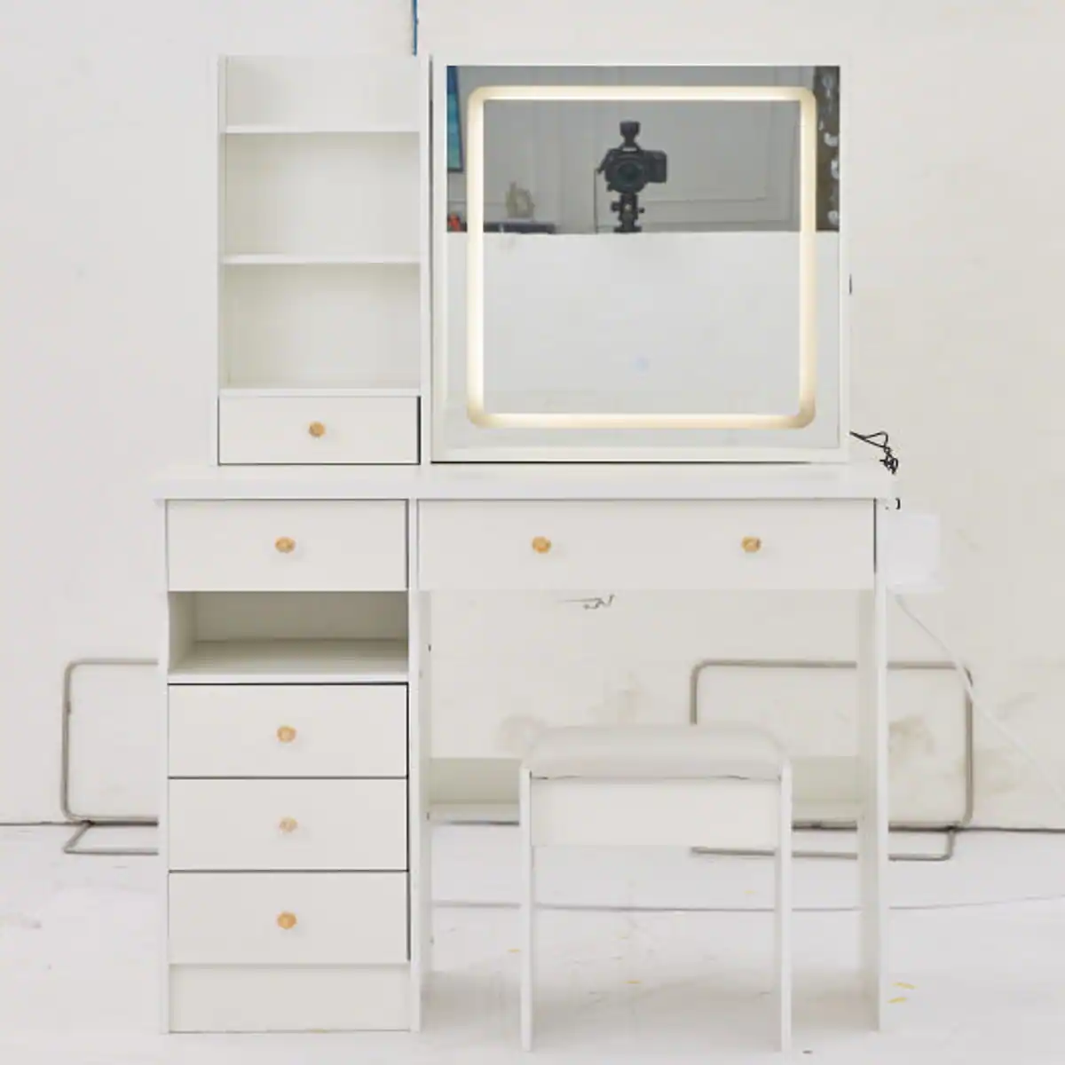 Back. Loheer - Loheer 37 inch makeup vanity table with cushioned stool, sliding mirror, LED lights and charging station - White.