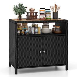 Costway - Patio Rattan Storage Cabinet with Acacia Wood Countertop Open Shelf 2 Door Cabinet - Black + Natural