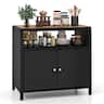 Costway - Patio Rattan Storage Cabinet with Acacia Wood Countertop Open Shelf 2 Door Cabinet - Black + Natural