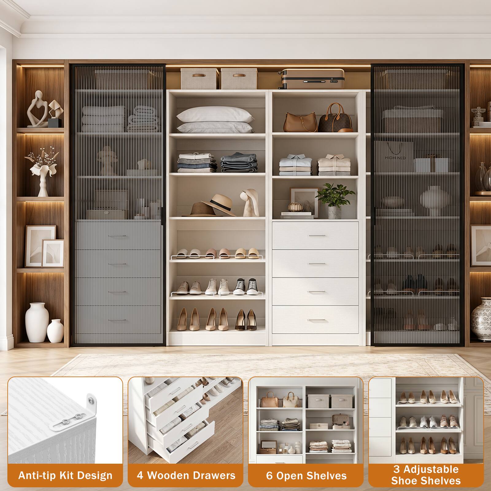 HIORE NL Anti-tip Kit Design  
4 Wooden Drawers  
6 Open Shelves  
3 Adjustable Shoe Shelves