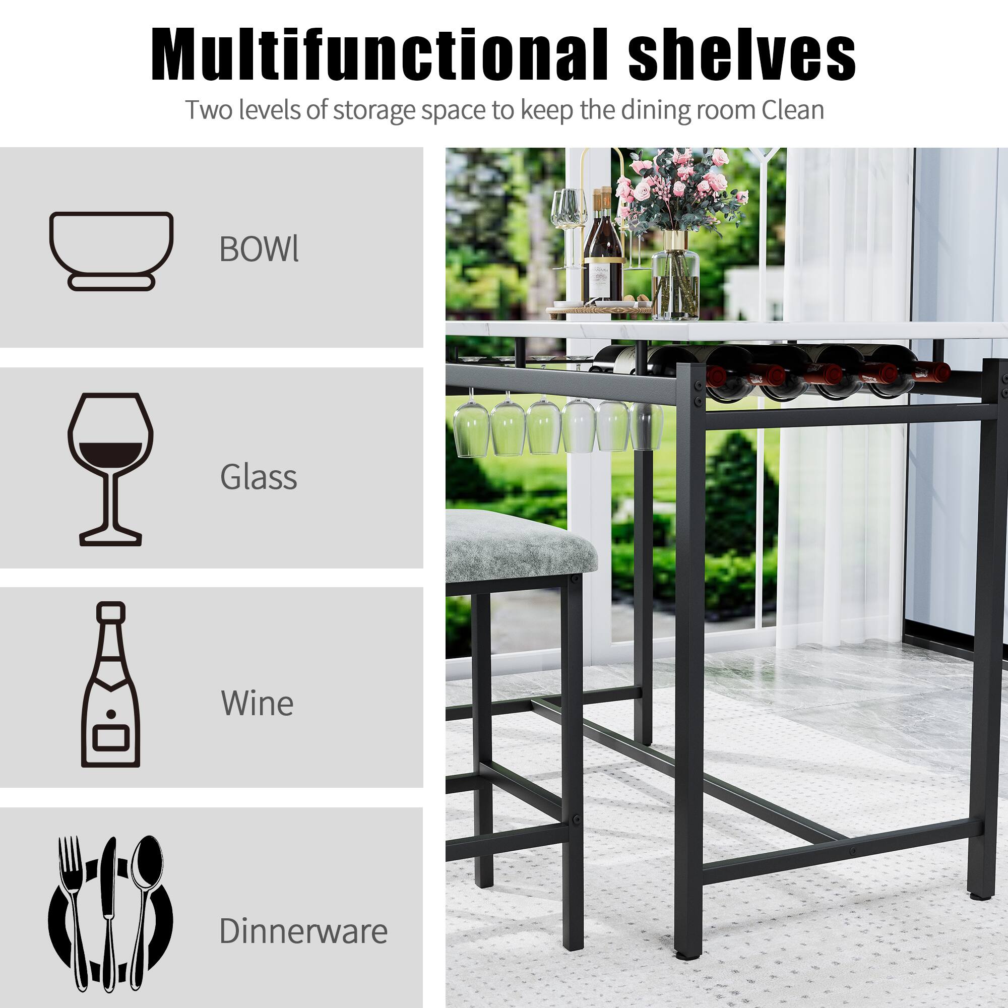Multifunctional shelves  
Two levels of storage space to keep the dining room clean  

- BOWL  
- Glass  
- Wine  
- Dinnerware