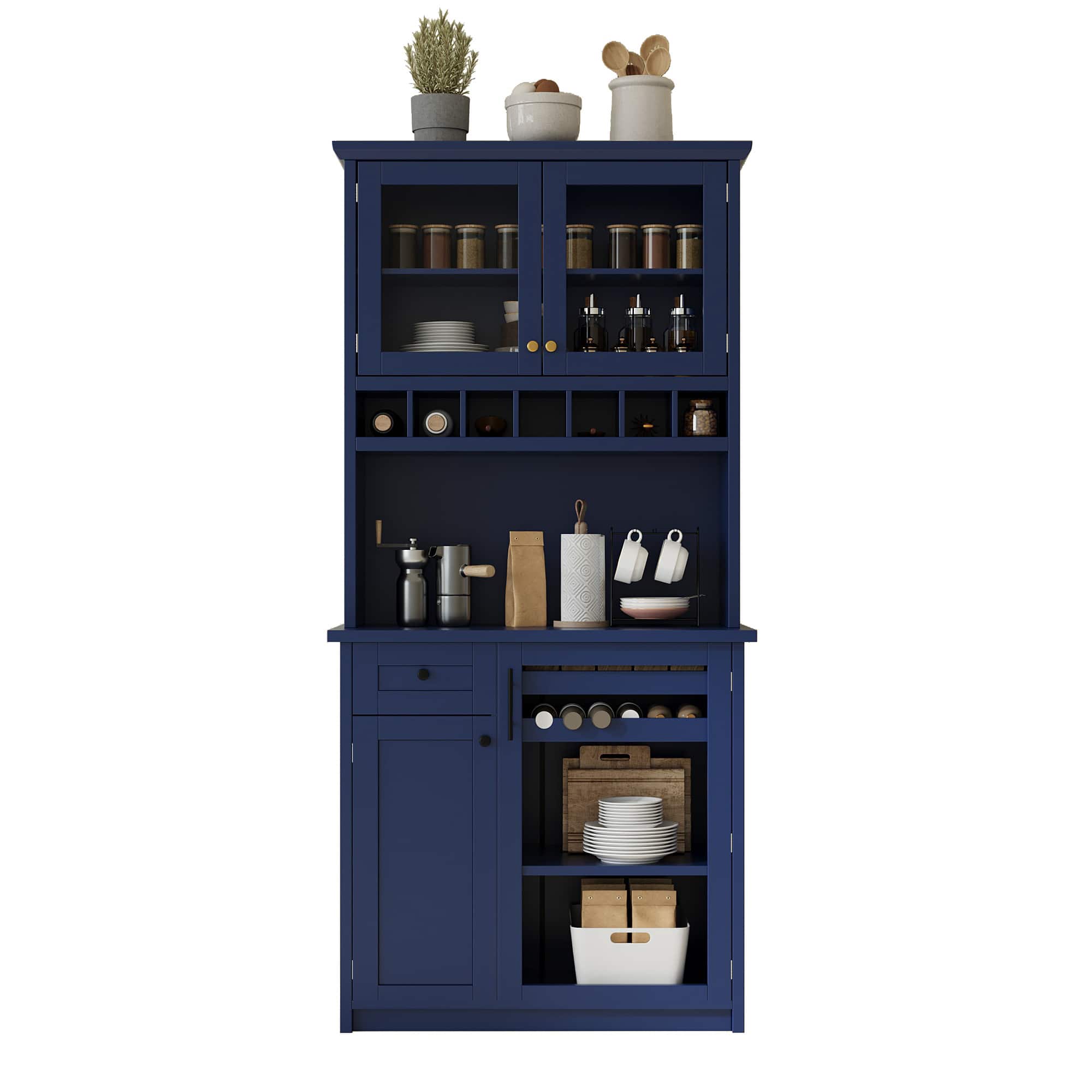 Spaco - 35" Farmhouse Pantry Cabinet Buffet, Freestanding Kitchen Hutch with Wine Rack, Adjustable Shelves for Dining Room - Blue