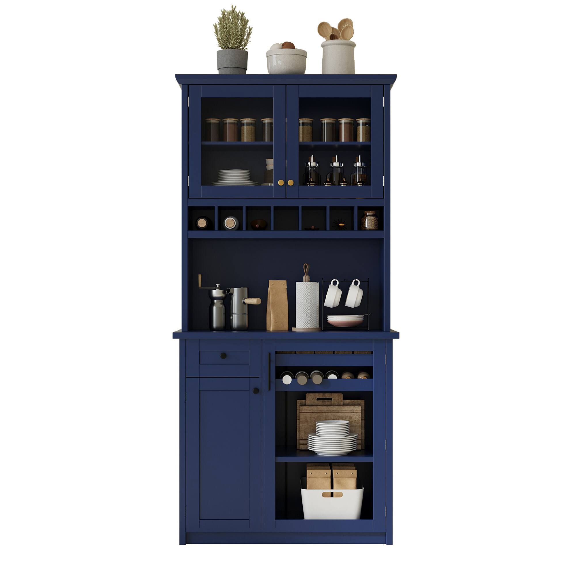 Front. Spaco - Spaco 35" Farmhouse Pantry Cabinet Buffet, Freestanding Kitchen Hutch with Wine Rack, Adjustable Shelves for Dining Room - Blue.
