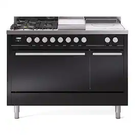 ILVE - Professional Plus II Series 48 in. Dual Fuel Range with 5 Sealed Burners + Griddle (Liquid Propane, Satin Trim) - Glossy Black