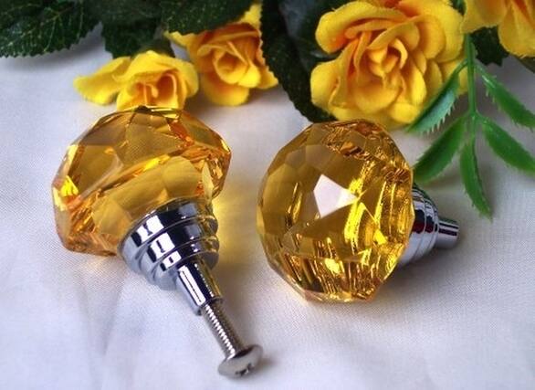 Front. BreeBe - Amber Solid Crystal Drawer / Door Pull - Yellow, Silver.