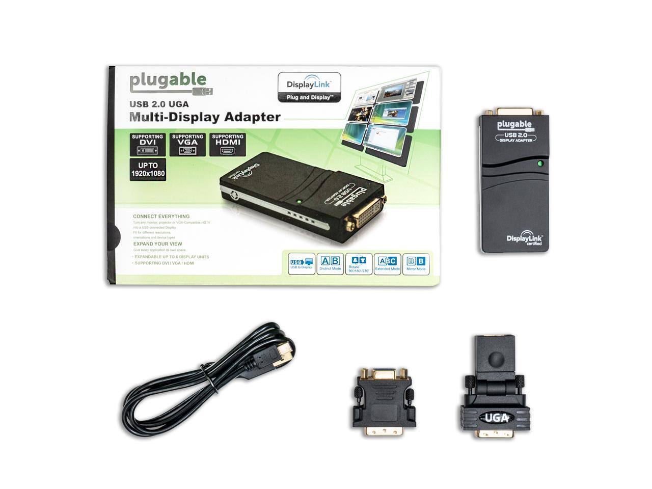 plugable DisplayLink Link H Plug and Display" USB 2.0 UGA Multi-Display Adapter SUPPORTING DVI VGA HDMI X N UP TO 1920x1080 mn plugable eS- CONNECT EVERYTHING prnoo - ce plugable USB 2.0 DISPLAY ADAPTER EXPAND YOUR VIEW - DisplayLink certified EXPANDABLE UP TO 4 DISPLAY UNITS SUPPORTING DVI/VGA/HDMI