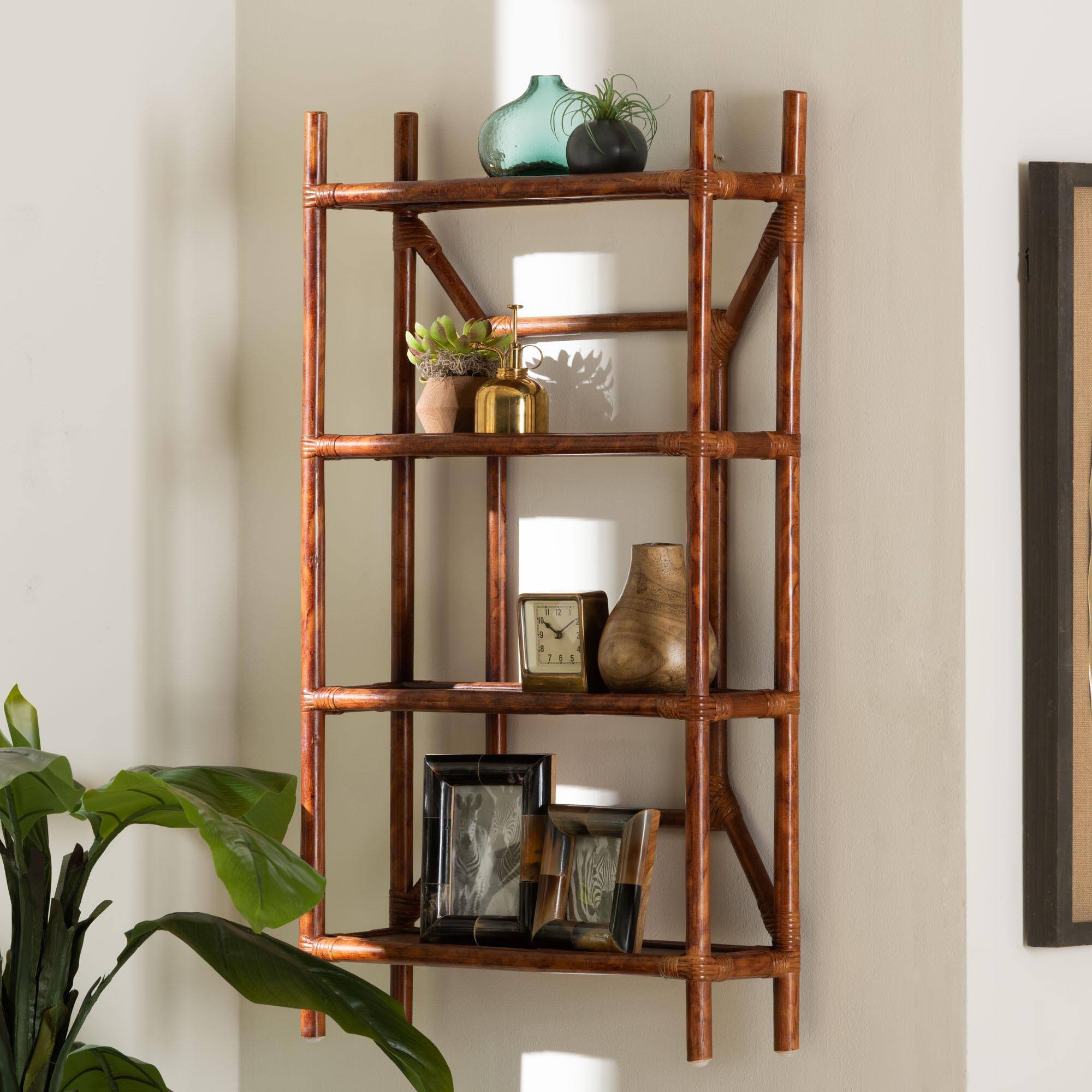 Alt View 5. bali & pari - Basile Marbled Tortoise Rattan 4-Tier Wall Display Shelf - Decorative Floating Wicker Storage Organizer - Marbled Tortoise Brown.
