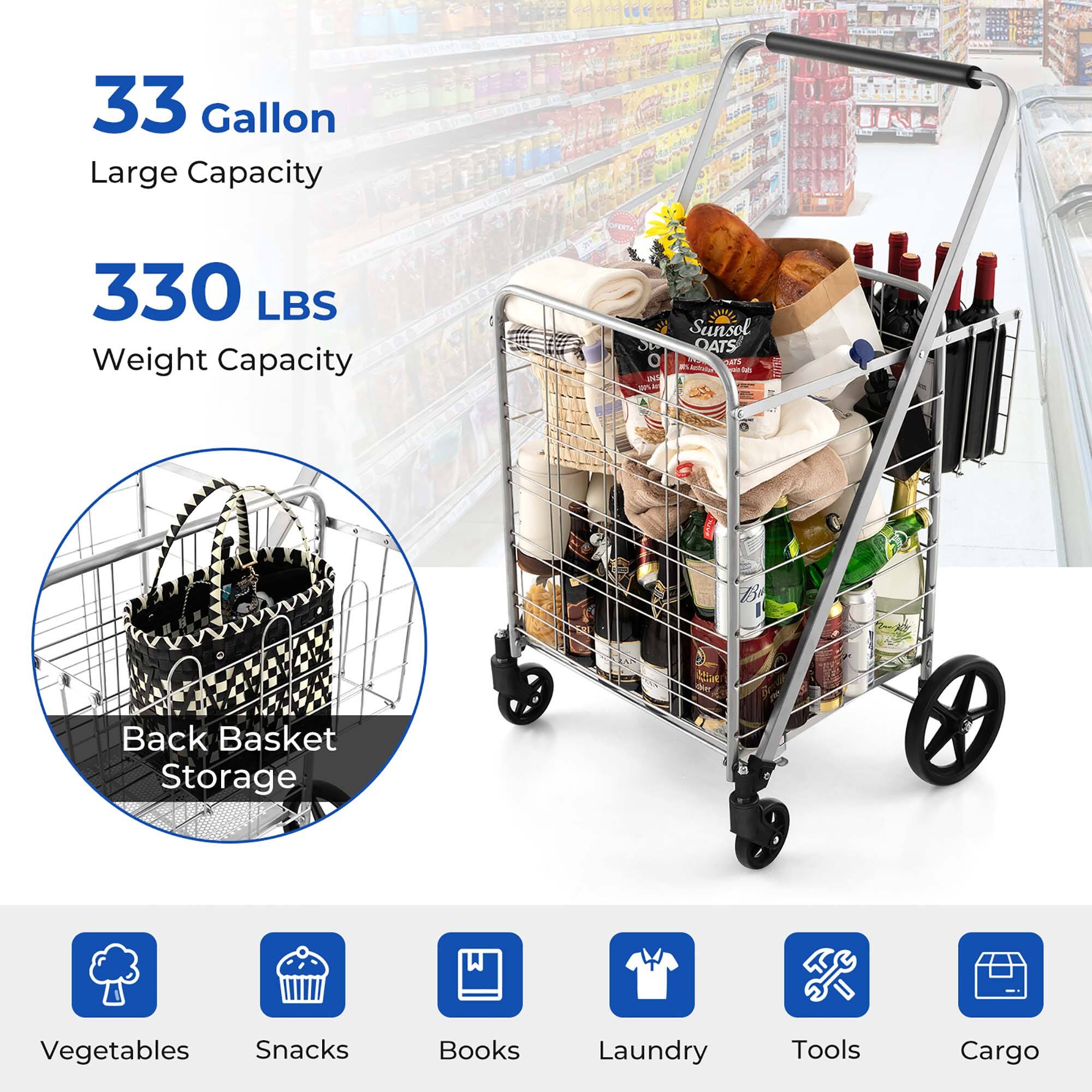 The text on the image is grouped and corrected as follows:
33 Gallon Large Capacity 330 LBS Weight Capacity Sunsol S OATS O P surs INT B Back Basket Storage Vegetables Snacks Books Laundry Tools Cargo
