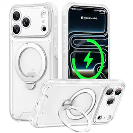 Dteck - For iPhone 18 Pro Max Shockproof Rugged Matte 360° Ring Kickstand Translucent Case Compatible With Magsafe Accessories - Clear