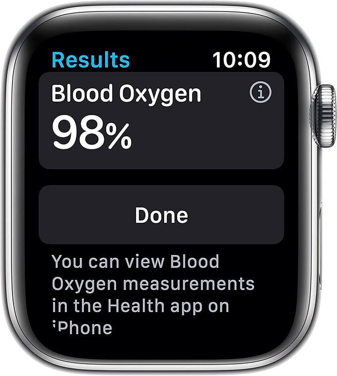 Results  
10:09  
Blood Oxygen  
98%  
Done  

You can view Blood Oxygen measurements in the Health app on iPhone