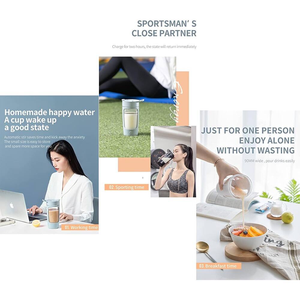 **SPORTSMAN'S CLOSE PARTNER**  
Charge for two hours, the state will return immediately

**Homemade happy water**  
A cup wake up a good state  
Automatic stir saves time and kick away the anxiety  
The small size is easy to store and spare more space for you

**JUST FOR ONE PERSON**  
ENJOY ALONE WITHOUT WASTING  
90MM wide, pour drinks easily

**01. Working time**

**02. Sporting time**

**03. Breakfast time**