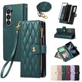 Dteck - Shockproof Wallet Case for Samsung Galaxy Z Fold7 with Crossbody Strap, Zipper Pocket PU Leather TPU Folio Stand Cover - Green