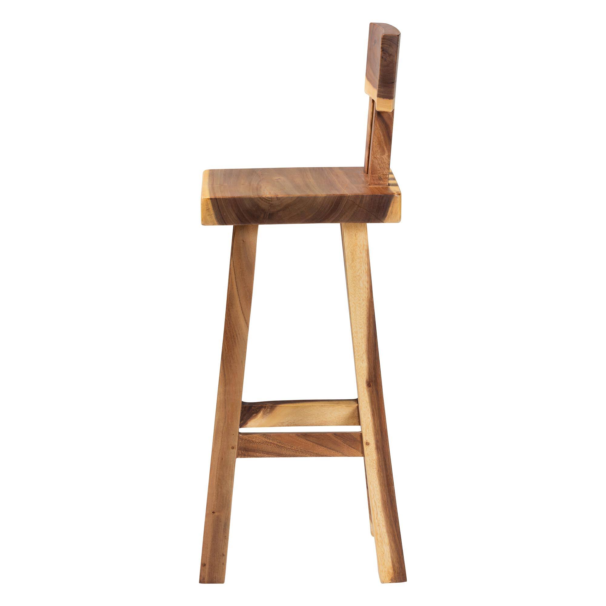 Left. bali & pari - Luli Suar Wood Bar Stool - Handcrafted Solid Wood Stool with Backrest, Rustic Modern Seating for Kitchen or Bar Area - Natural Brown.