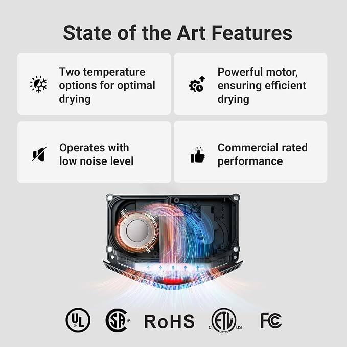 State of the Art Features

- Two temperature options for optimal drying
- Powerful motor, ensuring efficient drying
- Operates with low noise level
- Commercial rated performance

UL
SA
RoHS
ETL
FC