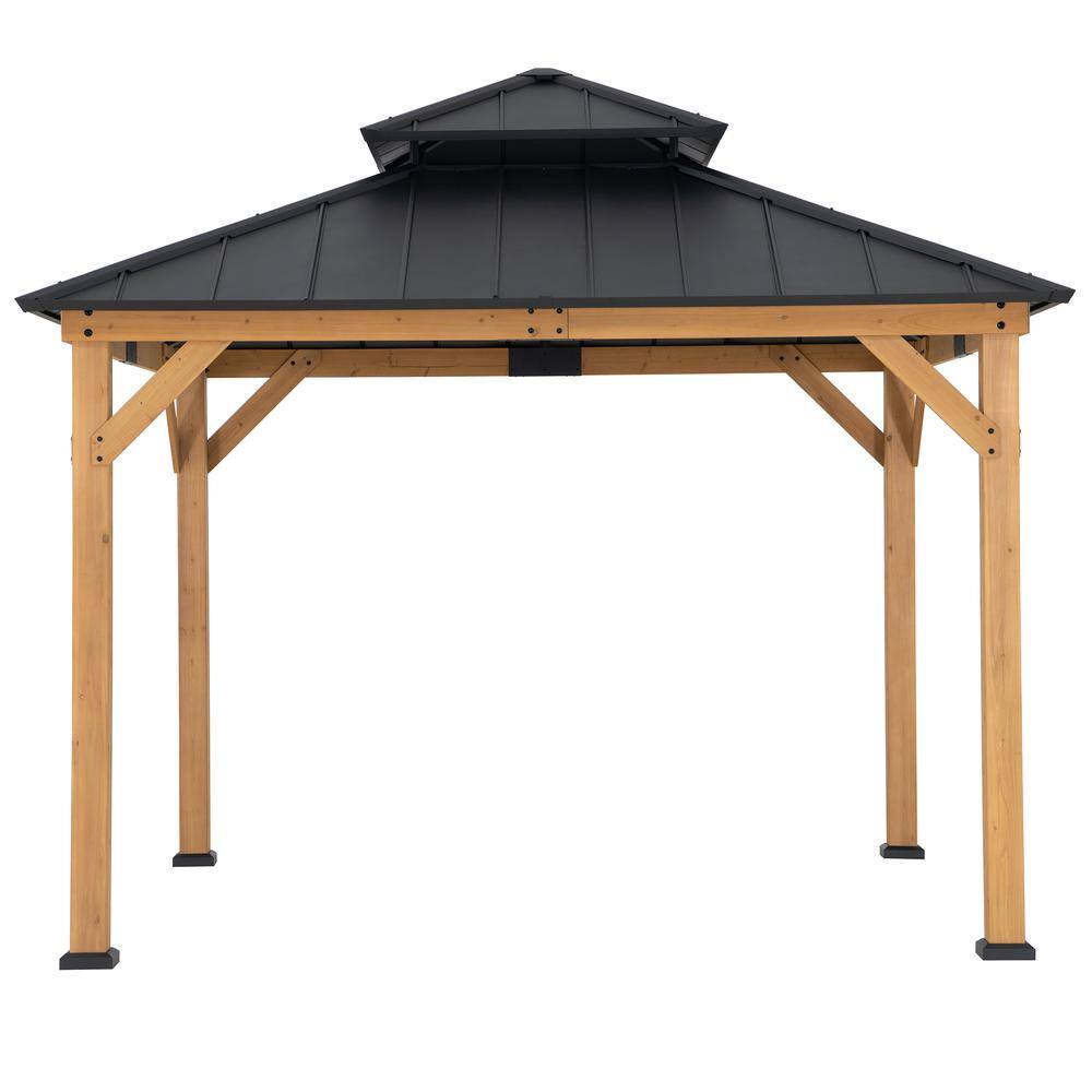 Front. SUNJOY - Wood Gazebo with 2-tier Metal Roof, for Patios, Lawn, and Backyard, Black.